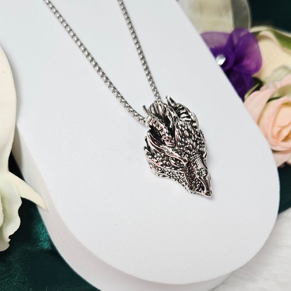 Dragon Head Pendant Necklace Antique Silver Stainless Steel 24” Fantasy